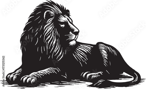 Majestic black and white illustration of a powerful lion resting with a full mane and regal demeanor