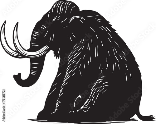 A detailed black and white illustration of a prehistoric woolly mammoth with large tusks and shaggy fur standing on a textured ground
