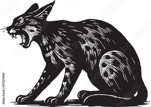 Fierce black cat with mouth open and teeth bared in a growl illustrating aggression and danger