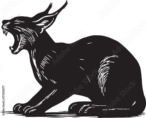 Fierce black cat with sharp teeth and wide open mouth hissing in a dramatic scratchboard illustration style