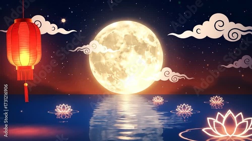 Mid Autumn Moon Night Lake and Full Moon Scene