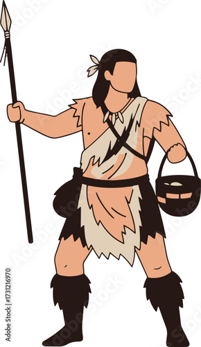 A vintage-style or retro flat illustration of a tribal or indigenous hunter-gatherer figure, posing with a spear in one hand and a basket (or pot) of gathered food in the other. 