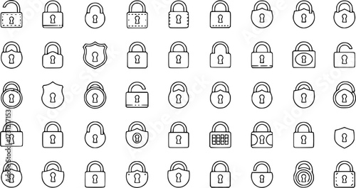 Lock icon collection. Locked and unlocked black line icon set. Flat security symbol. Vector illustration.
