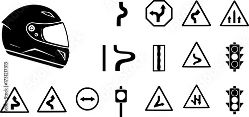 Motorcycle icons featuring helmet and road symbols

