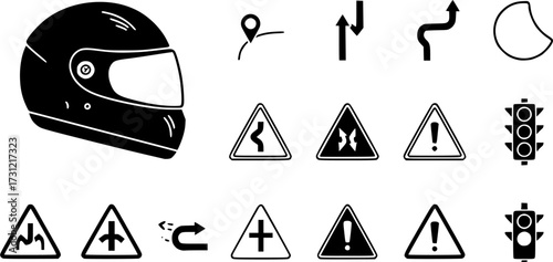Motorcycle icons featuring helmet and road symbols
