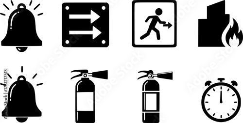 Fire drill safety icons: alarm, evacuation, escape, fire extinguisher, clock
