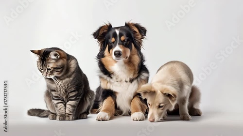 Cat and Two Dogs Posed Together on a White Background