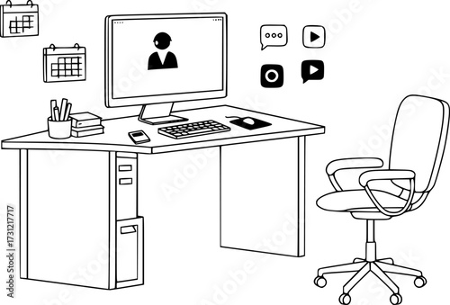 Home office setup: desk, chair, computer, keyboard icons for remote work
