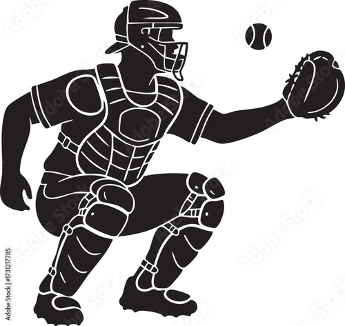 Baseball catcher in full gear crouching to catch a ball silhouette isolated on white background