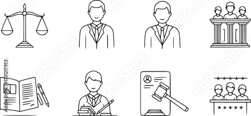 Legal icons: scales, lawyer, judge, and jury line art set
