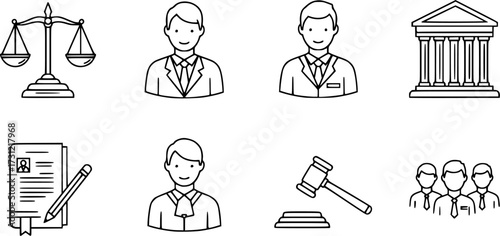 Legal icons: scales, lawyer, judge, and jury line art set
