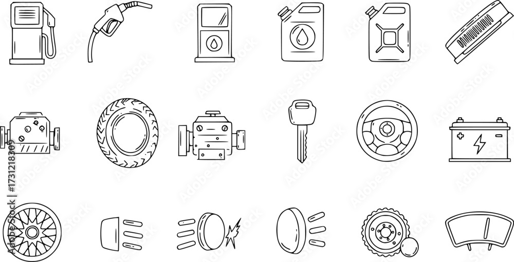 Fototapeta premium Outline icons of gas station equipment and car elements