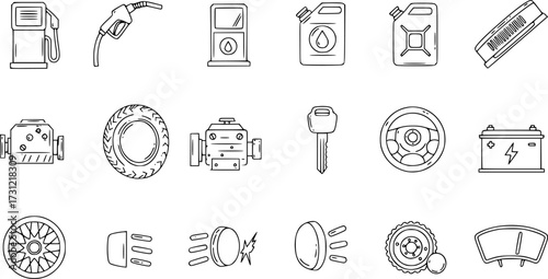 Outline icons of gas station equipment and car elements
