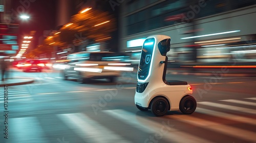 Autonomous robot crossing city street.