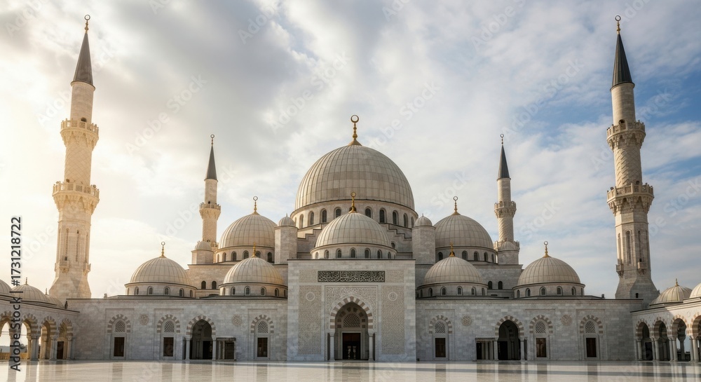 Naklejka premium Majestic Mosque with Minarets Under Blue Sky