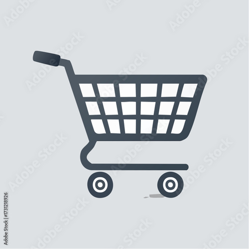 A simple shopping cart icon with a handle, metal frame, and four wheels designed for carrying items while shopping