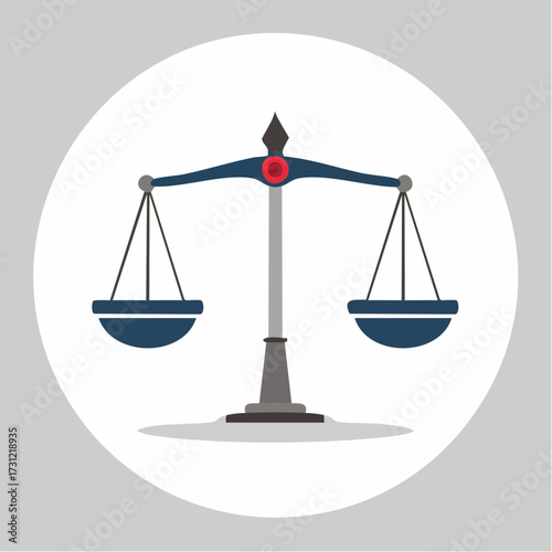 A balanced scale with two blue weighing pans suspended from a central beam, symbolizing justice and fairness