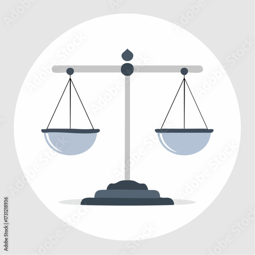 A balanced scale with two pans suspended from a horizontal beam, symbolizing equality, justice, and fairness