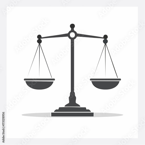 A black and white balanced scale with two pans hanging from a central beam supported by a vertical stand
