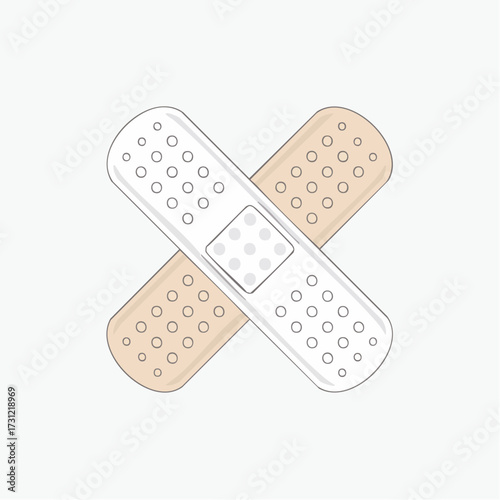 Two adhesive bandages crossed, one beige and one white, each with perforations and a cushioned center pad