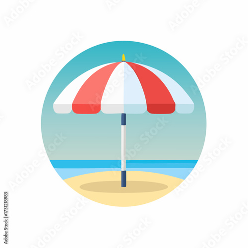 Beach umbrella with red and white alternating panels standing upright on sandy ground