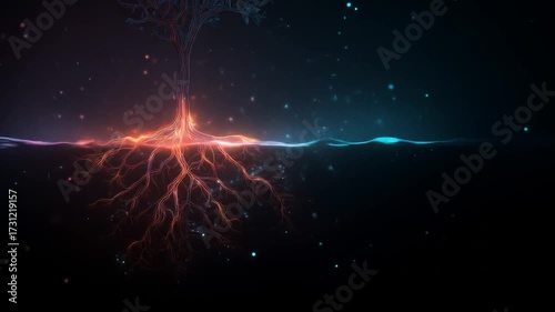 Abstract digital illustration of tree roots and branches with color gradients