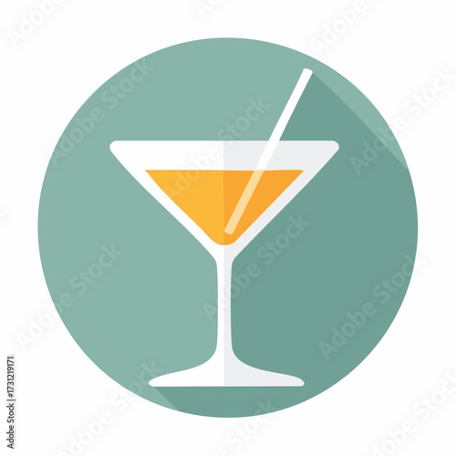 A white martini glass filled with an orange liquid and a straw inside, depicted in a flat style with a long shadow