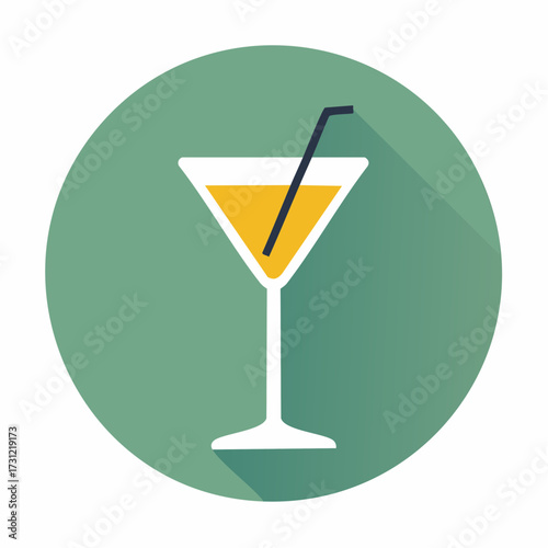 A white martini glass filled with an orange-yellow drink and a black straw, set against a green circular backdrop with a long shadow effect
