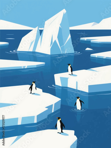 Group of penguins in Antarctica Illustrator Artwork Design Template Poster