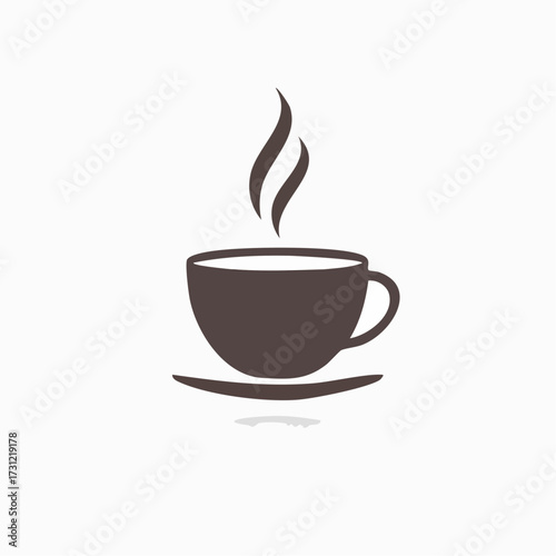 A simple solid brown icon of a steaming coffee cup with a handle on a matching saucer, representing a hot beverage