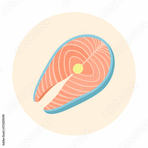 Salmon steak slice with visible muscle fibers and light pink flesh, showing a typical cross-section with skin on the outer edge and a central bone