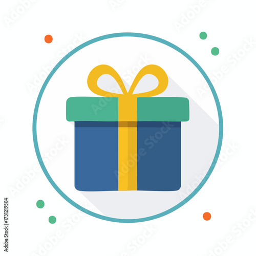 Blue gift box with a green lid and a yellow ribbon tied in a bow, encircled by a teal ring with small decorative green and orange dots around it