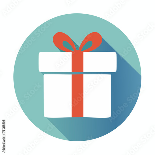 White gift box with a red ribbon and bow, depicted in a flat design style with a long shadow effect