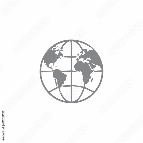 Gray globe icon showing simplified continents of North and South America, Europe, and Africa with latitude and longitude lines