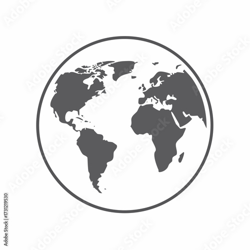 Simplified grayscale illustration of a globe showing continents including North America, South America, Europe, and Africa within a circular border