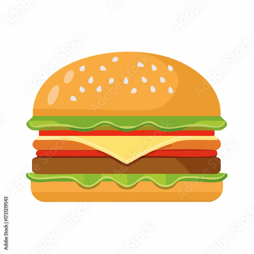 Cheeseburger with sesame seed bun, lettuce, tomato, cheese slice, and a beef patty layered neatly in a classic style
