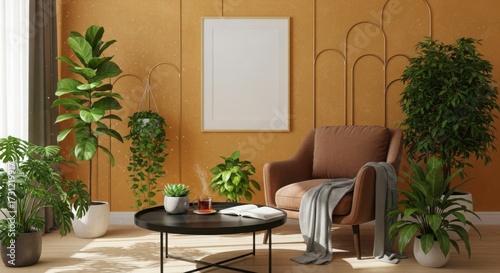 Modern Living Room Interior with Blank Vertical Frame Mockup and Potted Green Plants