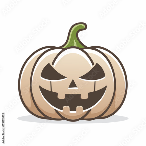 A beige pumpkin with a green stem features a menacing carved face with triangular eyes, a triangular nose, and a toothy grin, capturing a classic Halloween jack-o'-lantern look