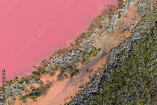 Hutt Lagoon a natural pink lake at Port Gregory near Kalbarri, Western Australia. Extraction of microalgae for beta-carotene, from pink algae Dunaliella salina for food, beverages, supplements