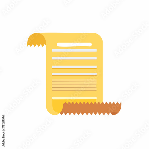 A stylized illustration of a yellow paper scroll with jagged edges and horizontal lines representing text