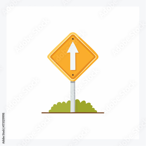 Yellow diamond-shaped road sign with a white upward arrow mounted on a gray pole above green bushes