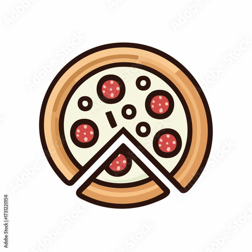 A round pepperoni pizza with a golden crust and a single slice removed, topped with circular pepperoni pieces and small garnishes
