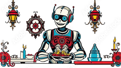 Robot serving food with ornate setting.