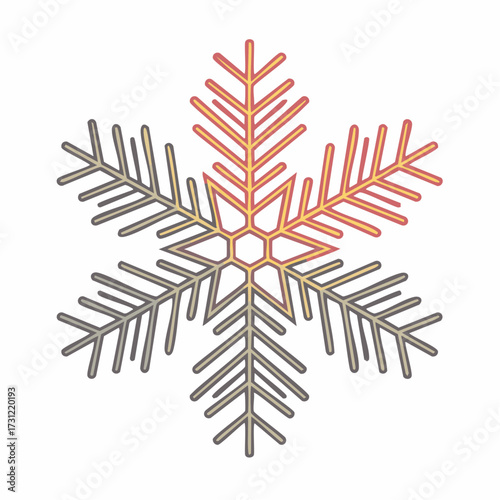 Stylized snowflake with symmetrical branches featuring a blend of gray and orange hues, showcasing geometric and angular design elements in a minimalist style