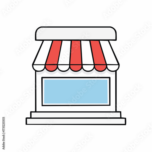 Small storefront with a red and white striped awning and a large blue window display