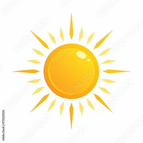 Bright yellow sun icon with radiating rays, featuring a glossy circular center and sharp, symmetrical sunbeams extending outward in varying lengths