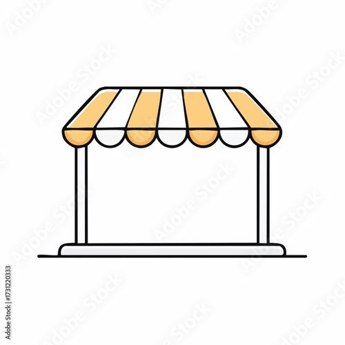 Striped canopy tent with alternating yellow and white panels supported by four poles, typically used for outdoor markets or events