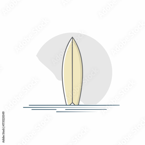 A minimalist illustration of a beige surfboard standing upright on a calm water surface with simple line reflections