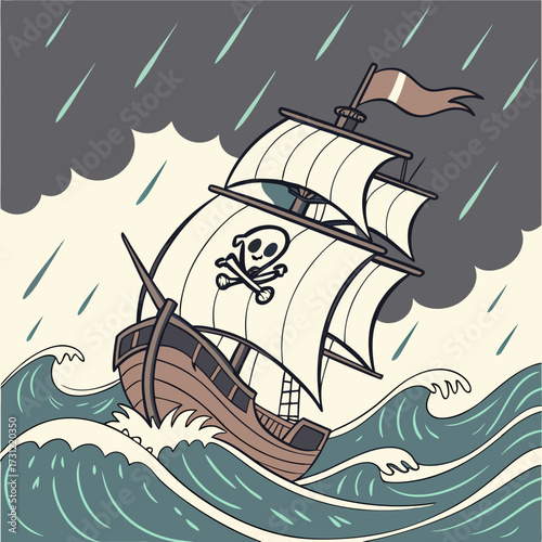 Cartoon pirate ship with skull and crossbones flag sailing through rough seas during a storm