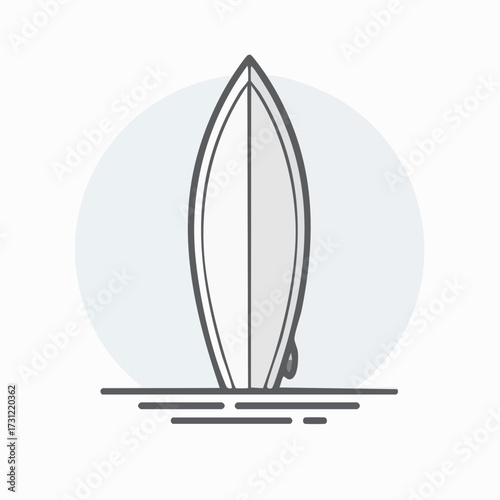 A minimalistic black and white line drawing of a surfboard standing vertically with its fins visible at the bottom